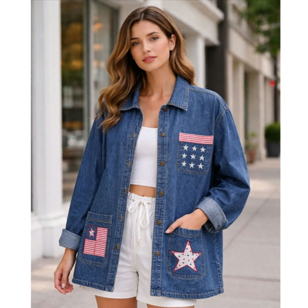 Michelle Louise Patriotic Embroidered demin Button-Up Shacket Women's Size L